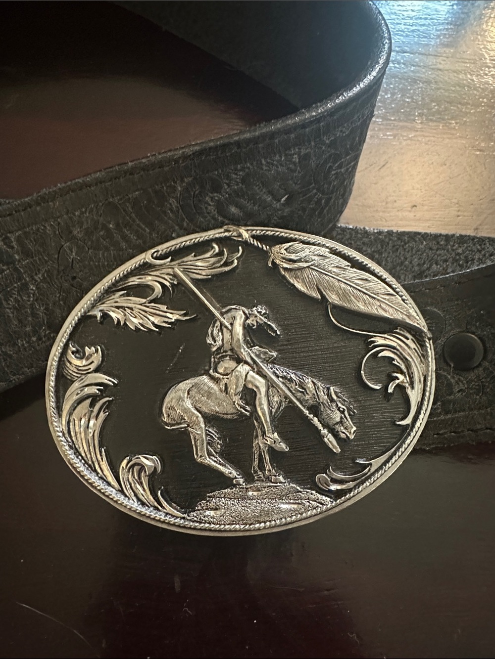 Classic Black Leather Belt with Silver Western Buckle